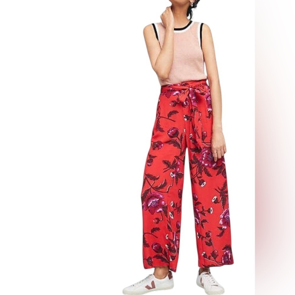 Anthropologie Wide Leg Floral Trousers paper bag spring lightweight Whimsical